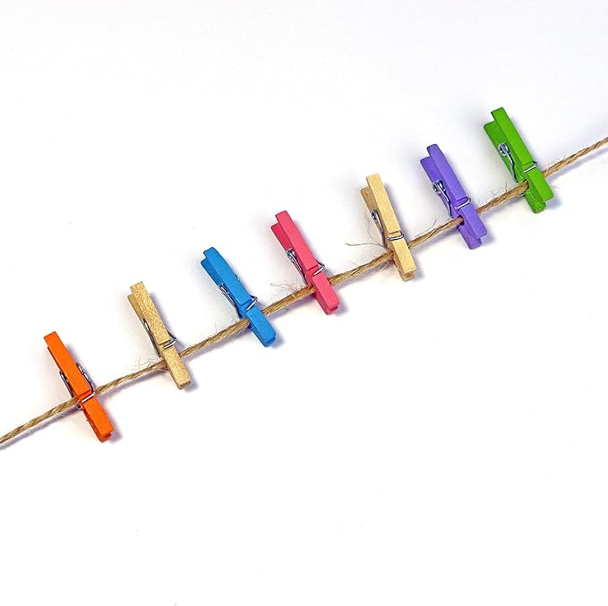 Mini Natural Wooden Clothespins with Jute Twine, 250pcs, 1 Inch Photo Paper Peg Pin Craft Clips with 66ft Natural Twine for Scrapbooking, Arts & Crafts, Hanging Photos (10 Colors)