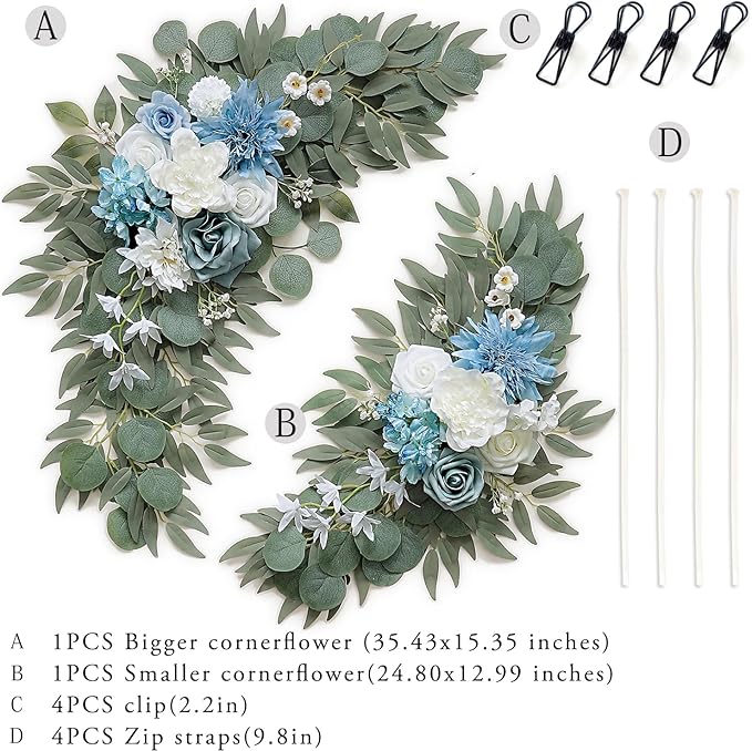 Artificial Flower Swag Set of 2 for Wedding Welcome Signs Floral Decorations, Blue Wedding Arch Flowers for Wedding Ceremony (Blue & Ivory)