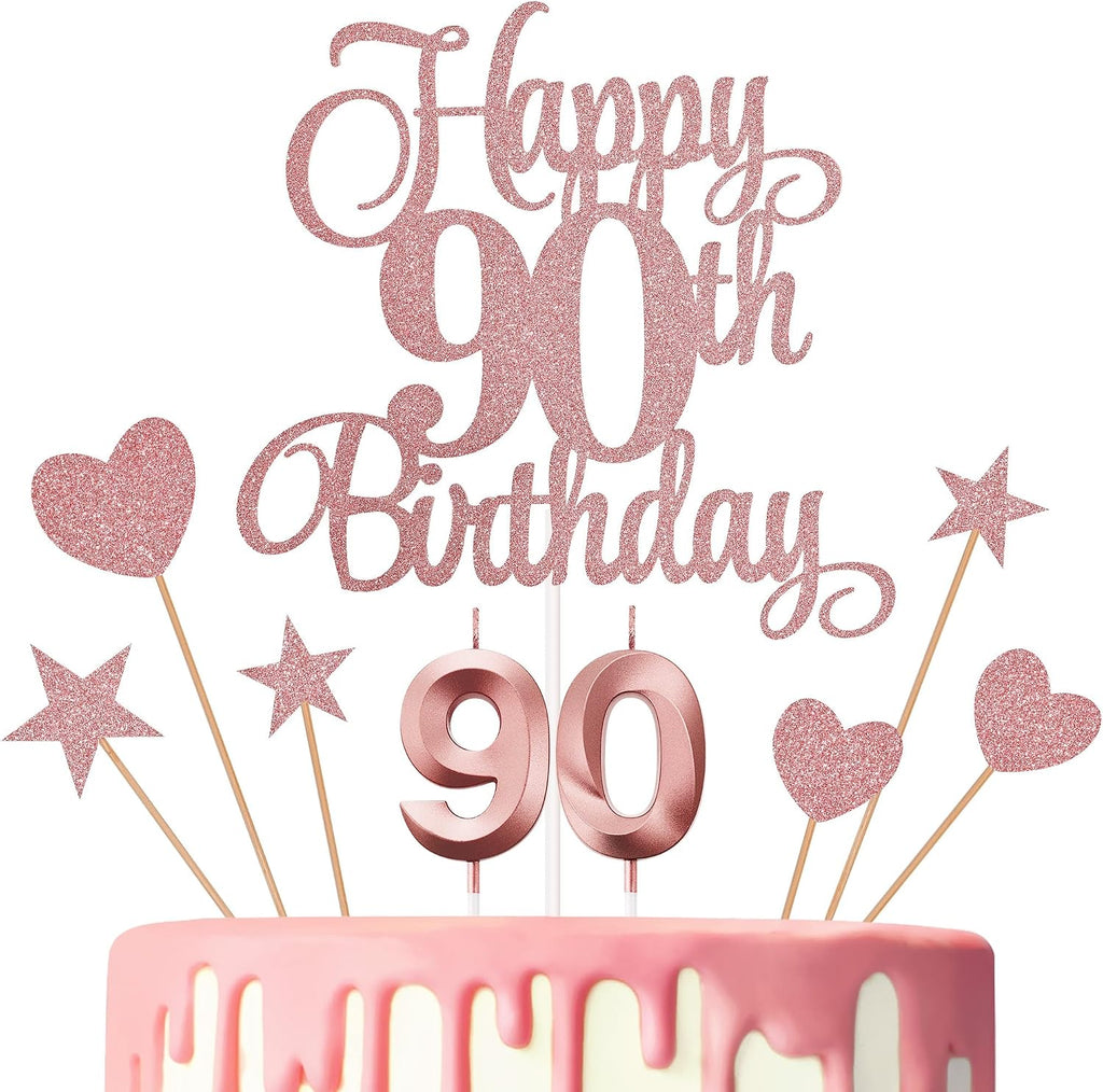 90th Birthday Cake Toppers, 90th Birthday Candles Numeral Candles and Glitter Cake Decorations Toppers Set for Party Supplies (Rose Gold)