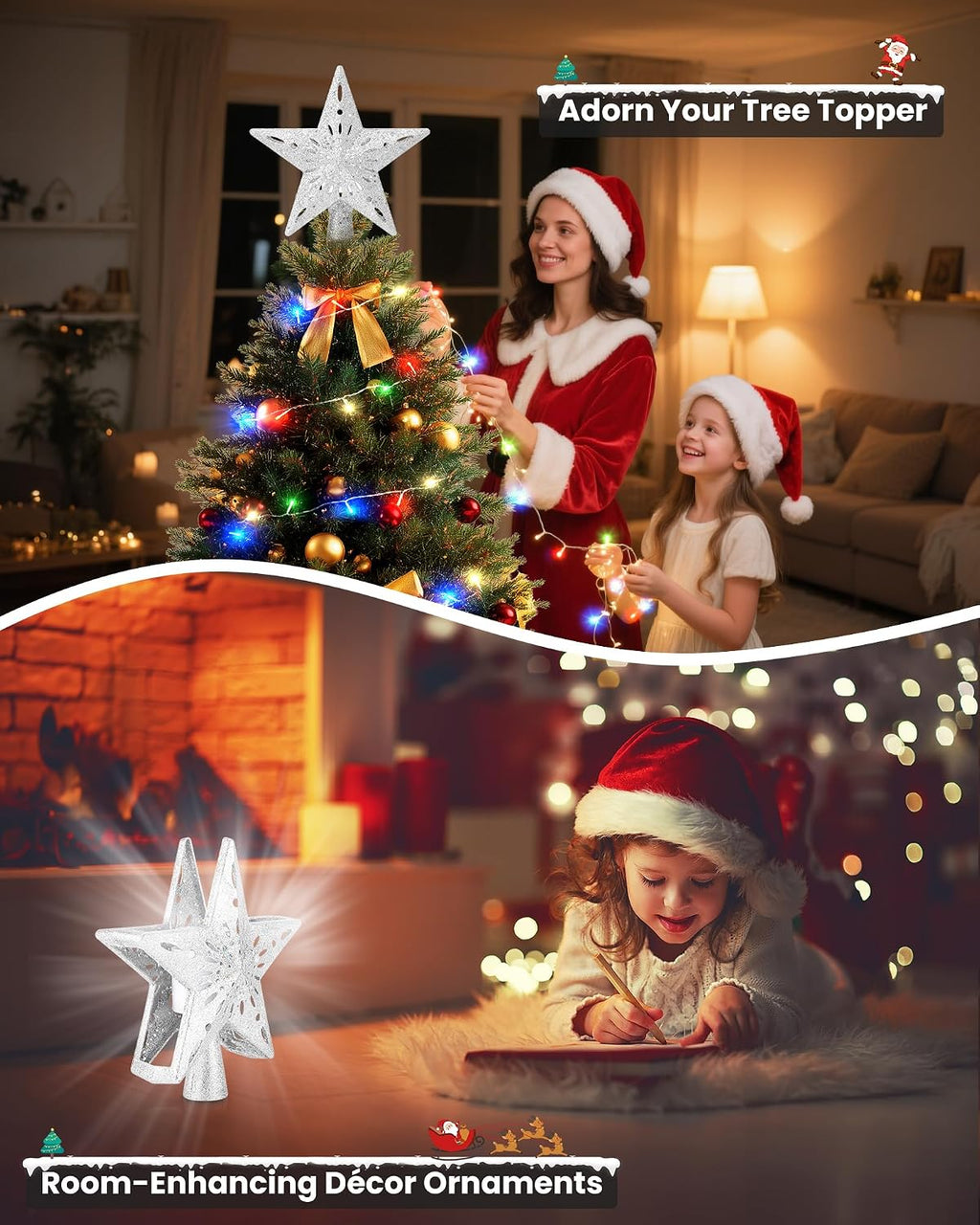 Winpull Christmas Tree Topper Star Lighted with 32.8ft Breathing Flickering Light Cord & 6 LED Projection Modes, Silver Christmas Star Topper for Indoor Xmas Holiday Tree Decoration