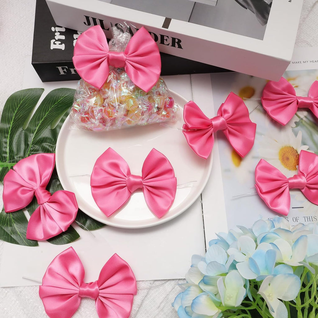 24 Pcs Satin Hot Pink Ribbon Twist Tie Bows for Treat Bags 3.5inches Pink Bows for Crafts Premade Bows Decorating Gifts Wrapping Bows for Pop Candy Apples Cake Bakery Wedding Party