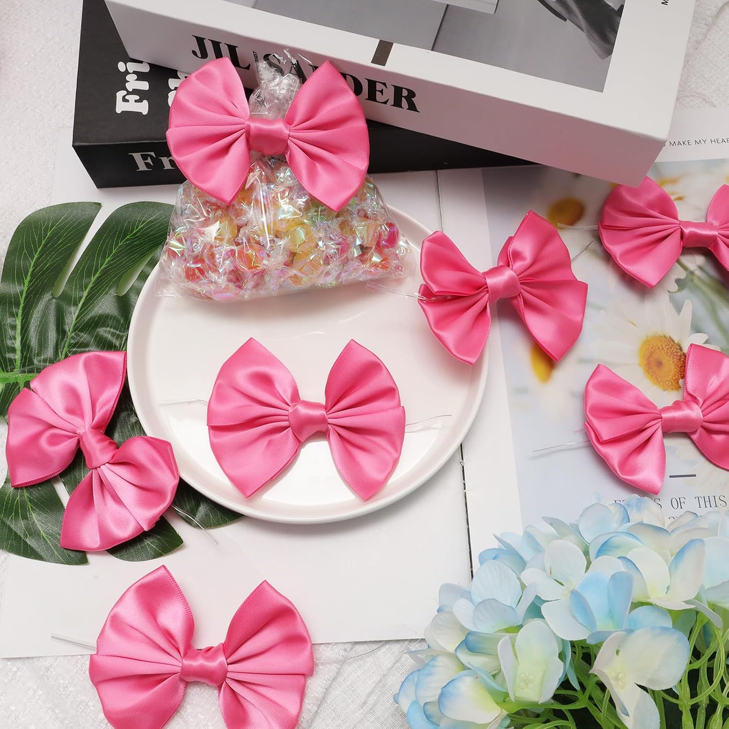24 Pcs Satin Hot Pink Ribbon Twist Tie Bows for Treat Bags 3.5inches Pink Bows for Crafts Premade Bows Decorating Gifts Wrapping Bows for Pop Candy Apples Cake Bakery Wedding Party