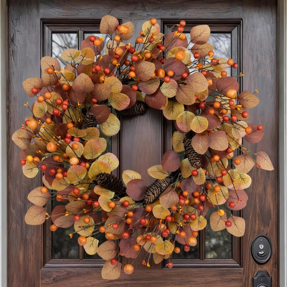 24" eucalyptus fall wreaths front door with orange/burgundy, main product view