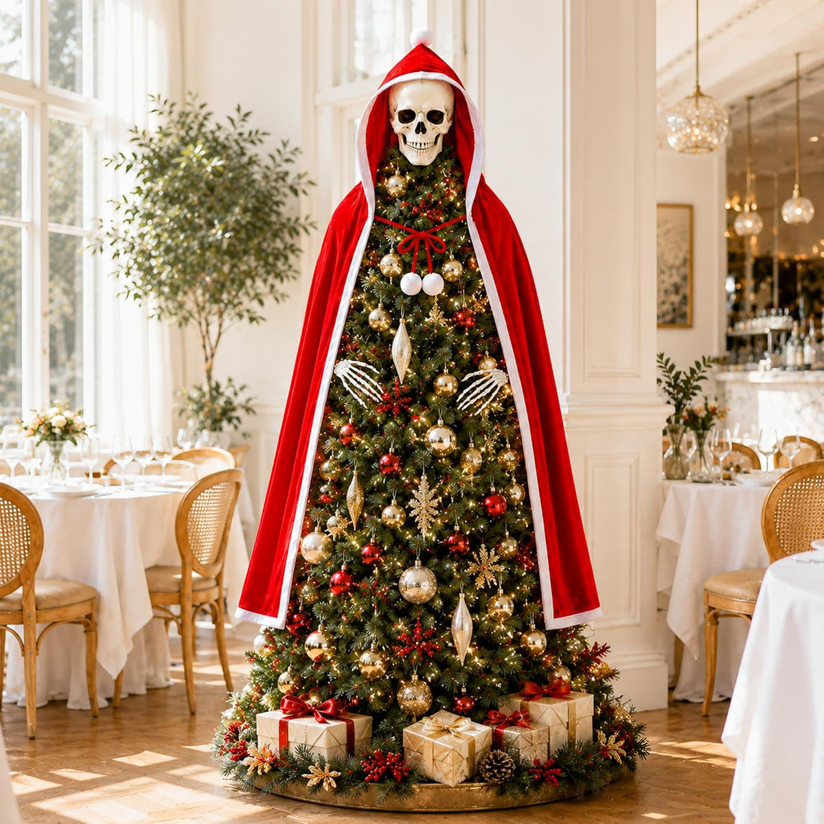 8" Christmas Skull Tree Topper and Red Cloak Skeleton Hand, Goth Xmas Decor
