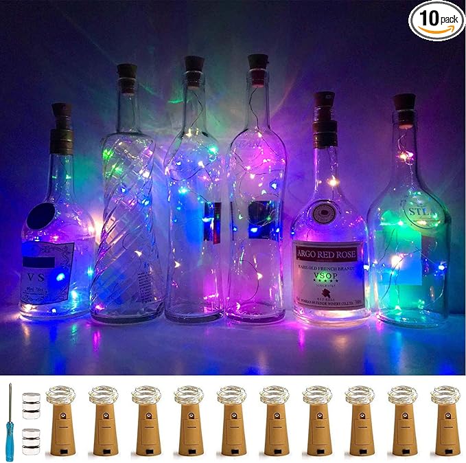 Wine Bottle Lights with Cork, 10 Pack Battery Operated LED Cork Shape Silver Wire Colorful Fairy Mini String Lights for DIY, Party, Decor, Wedding(4 Colors)