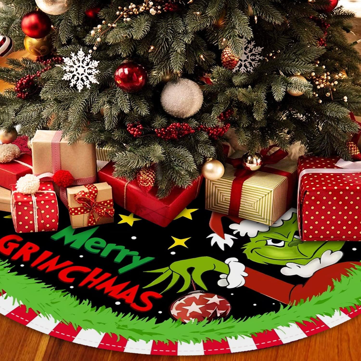 Christmas Tree Skirt 48 Inch, Soft and Funny Merry Christmas Tree Collar Farmhouse Xmas Holiday Decoration (Style B)
