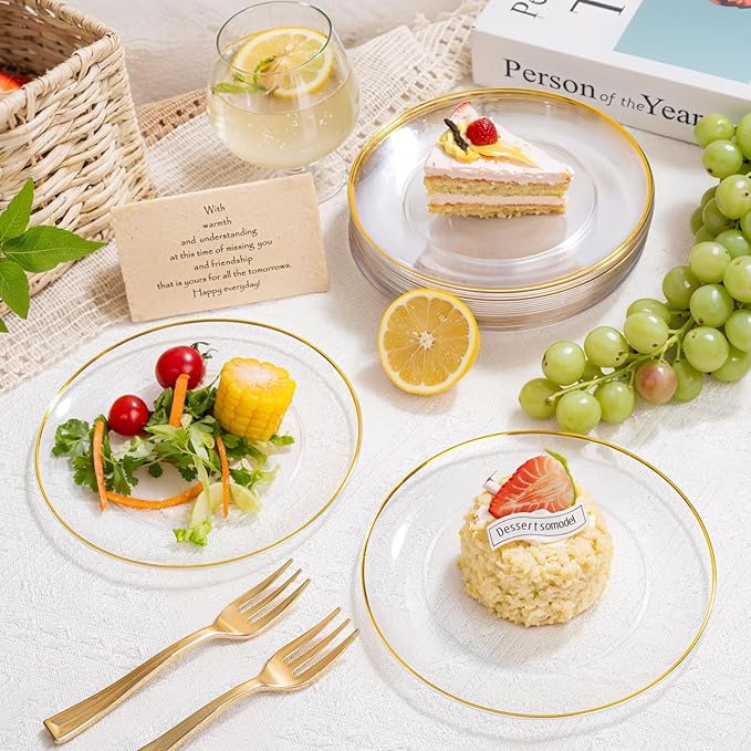 Festiva 200Pcs Clear Plastic Dessert Plates Disposable 6.3" with Plastic Forks 5" - Small Clear Plates-Dessert/Cake/Appetizer Plates for Thanksgiving/Christmas Party & Wedding - Serve for 100Guests