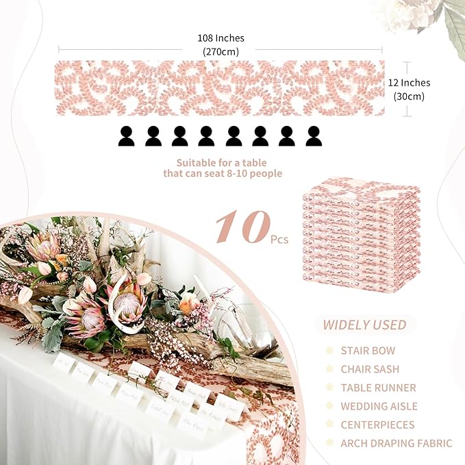 Wedding Sequin Table Runner Rose Gold Flower 10 Packs 12x108 Inch Glitter Table Runners for Banquet Table Decoration Sparkly Table Overlay