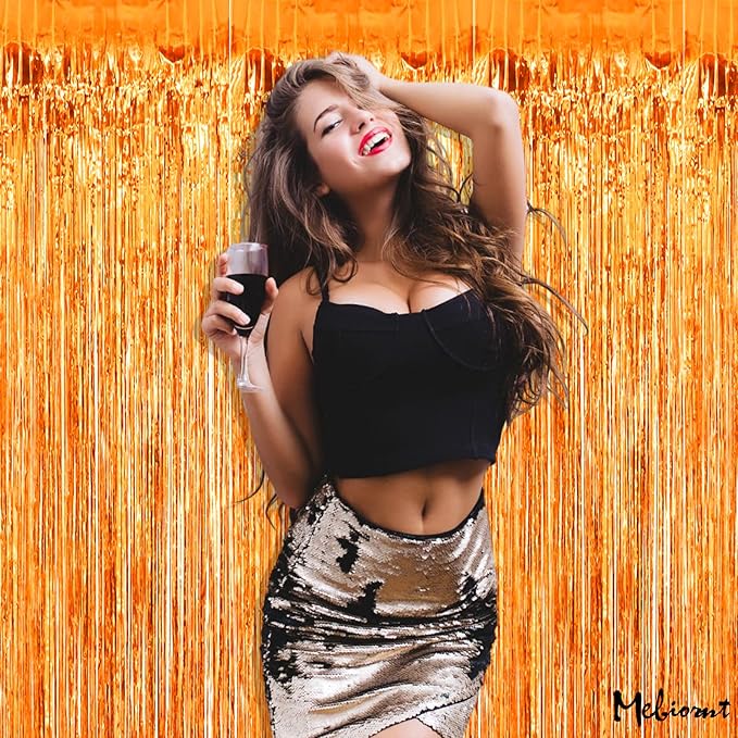 4 Pack Orange Fringe Curtain Backdrop, 3.2Ft x 6.6Ft Metallic Tinsel Foil Fringe Streamers Background for Photo Booth Birthday Wedding Baby Shower Carnival Easter Mother’s Day Party Decorations