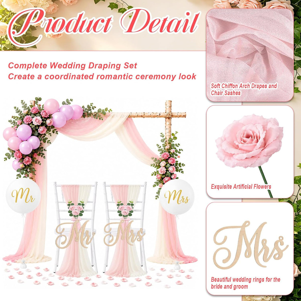 cinrobiye 45 pcs blush pink ivory wedding arch, close-up detail