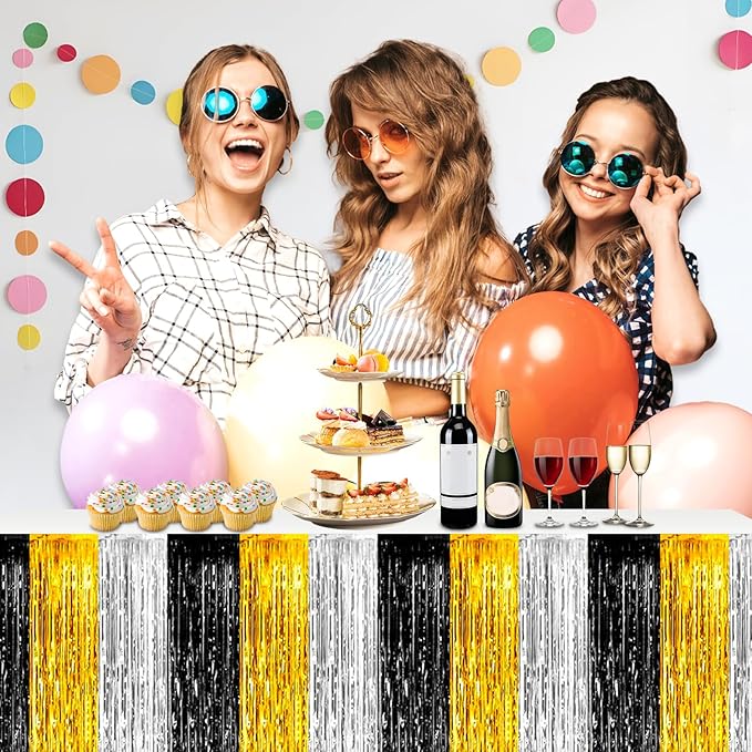 3 Pack 29 x108 Inch Black Gold Silver Foil Fringe Table Skirts Metallic Banner for Tinsel Streamer Garland Backdrop for Parade Floats Wedding Thanksgiving Birthday Christmas Halloween Party Decoration