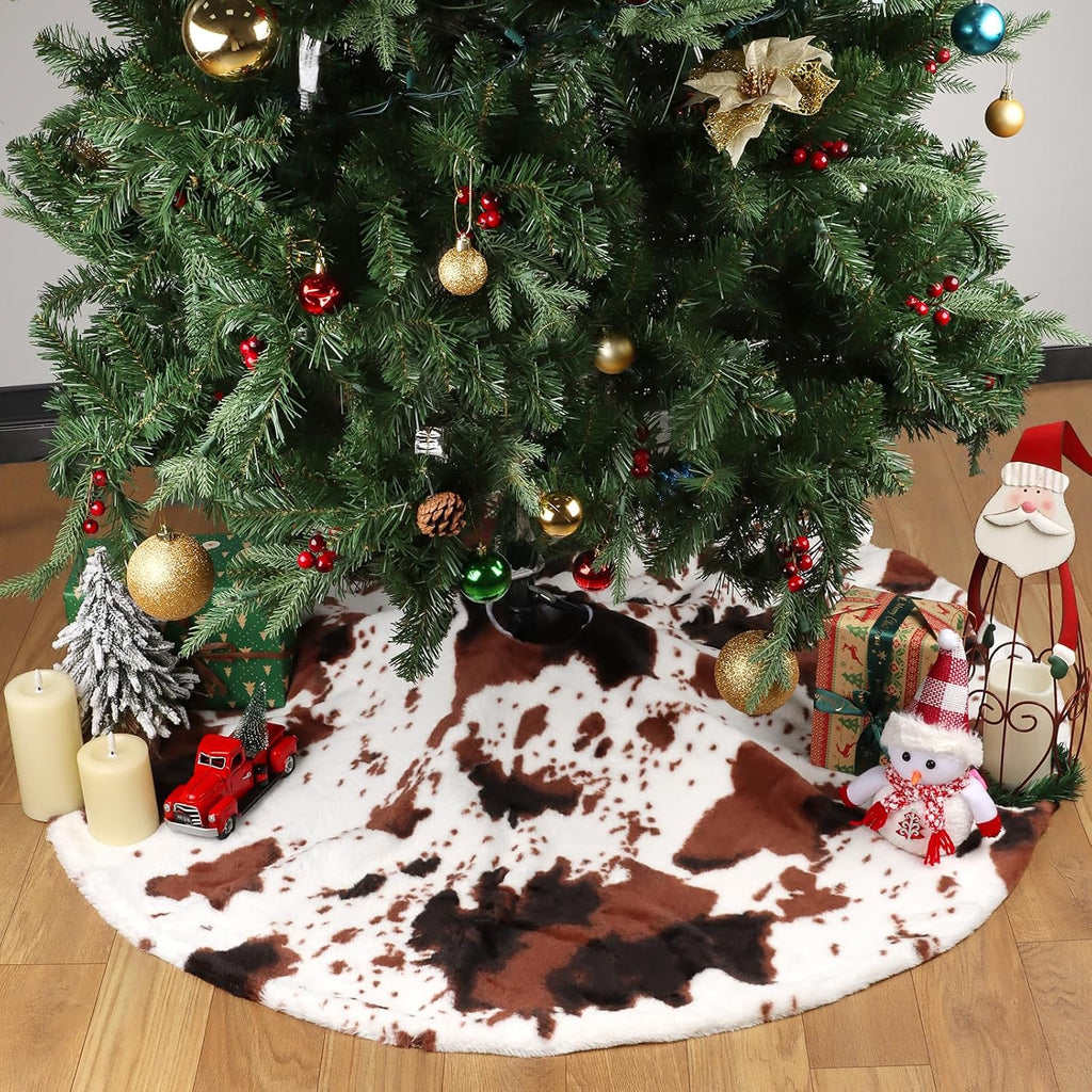 Christmas Tree Skirt Cow Print Faux Fur Folable Christmas Ring Tree Skirt for Artificial Trees Base Stand Cover Xmas Trees Decoration