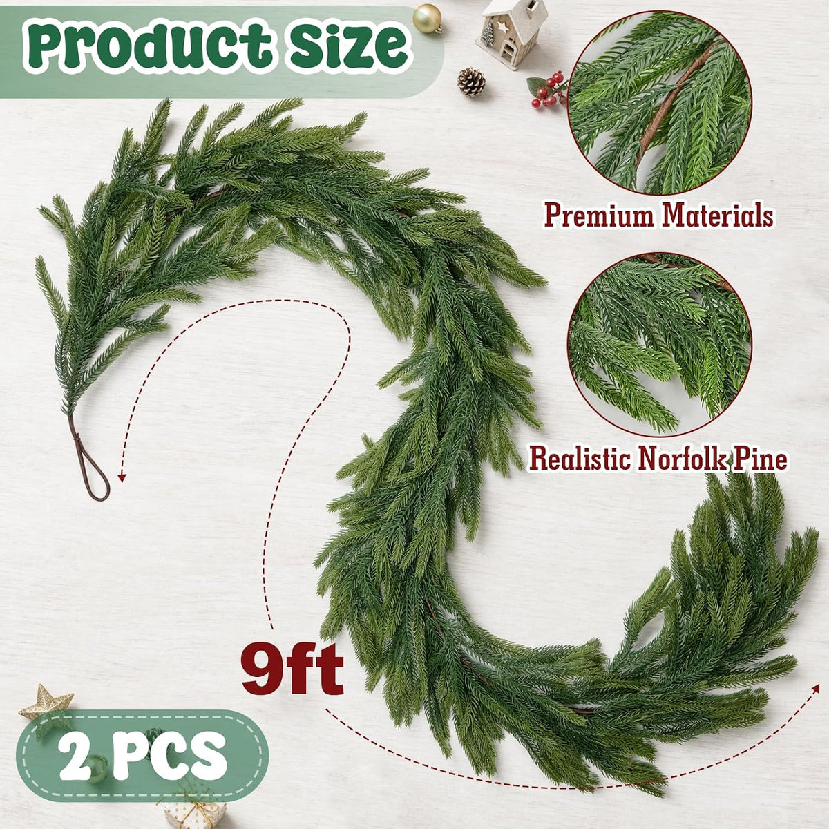 9 ft christmas norfolk pine garlands for mantel, close-up detail