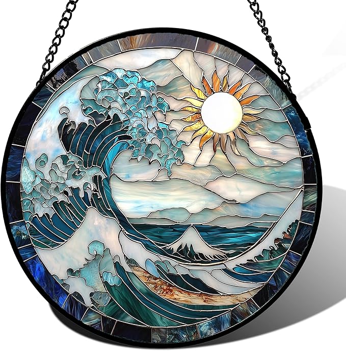 Stained Glass Window Hanging - White Sun Big Wave Suncatcher for Door Terrace Garden Home Decor Blue Ocean Landscape Sun Catcher Birthday Gifts for Lovers Women Men Dad Mom Nana9.8 in