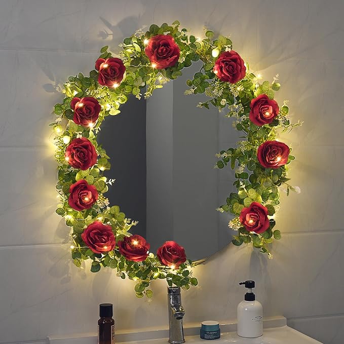 Dolicer 2Pcs 13Ft Artificial Eucalyptus Garlands with Flowers - 8 Roses, Faux Floral Greenery Garlands with 13Ft String Lights Fake Flowers Vines for Wedding Table Centerpieces Arch Party Decor (Red)