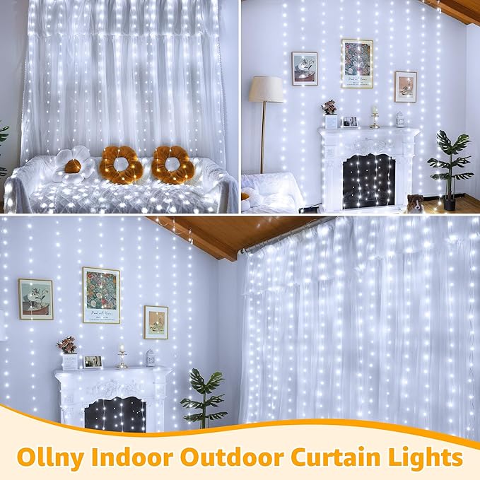 Ollny Curtain Lights 300LED 9.8ftx9.8ft, Connectable IP67 Waterproof Outdoor Curtain String Lights with Remote, Plug-in Untangle Fairy Lights with 8 Modes 3 Timers for Wall Backdrop Decor(Cool White)