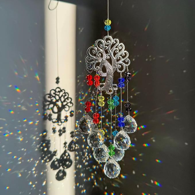 TUOKING 3 Pcs Crystal Suncatchers for Window Hanging Tree of Life Colorful Crystals Prism Ball Pendant Sun Catchers Rainbow Maker Ornament Gift Home Garden Decoration