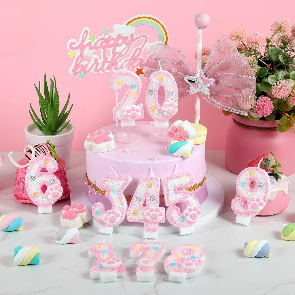 AKURIEEY Dog and Cat 1st Birthday Candle Pink Numbers 1 Candle Paw Cake Topper Cupcake Decorations for Pet Theme Party Decor Anniversary Celebrations Supplies