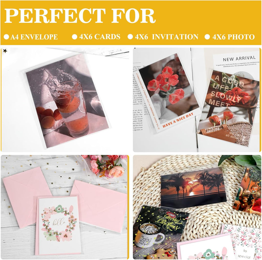 Miraclekoo100Pcs 4-1/2 x 6-1/2 Self Sealing Cello Cellophane Bags Clear Plastic Sleeves - Fit A4 Envelope 4X6 Photos Cards Toploaders Prints Treats Cookie Candy