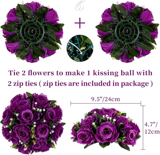 BLOSMON Flower Balls Wedding Rose Centerpieces 10 Pcs Purple Fake Flowers with Base Kissing Balls Decor Artificial Floral Arrangements Flower Bouquet of Roses Home Party Table DIY Decorations