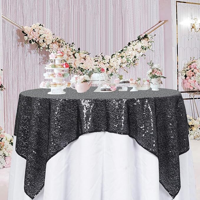 ShinyBeauty Black Tablecloths 36X36 Inch 2 Pieces Sequin Table Cloth for Party Sparkle Table Cloths Square Shimmer Table Overlay Small Wedding Birthday Halloween Tables Linen