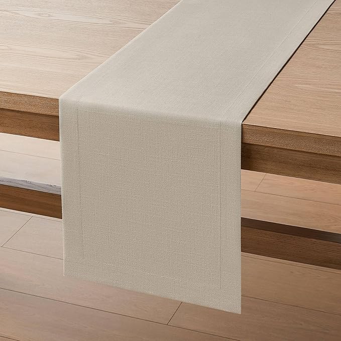 ZeeMart Linen Textured Border Table Runner, 14 x 72 Inch Natural, Farmhouse Style Neutral Table Runners 72 Inches Long, Easy Care Everyday Polyester Table Runner