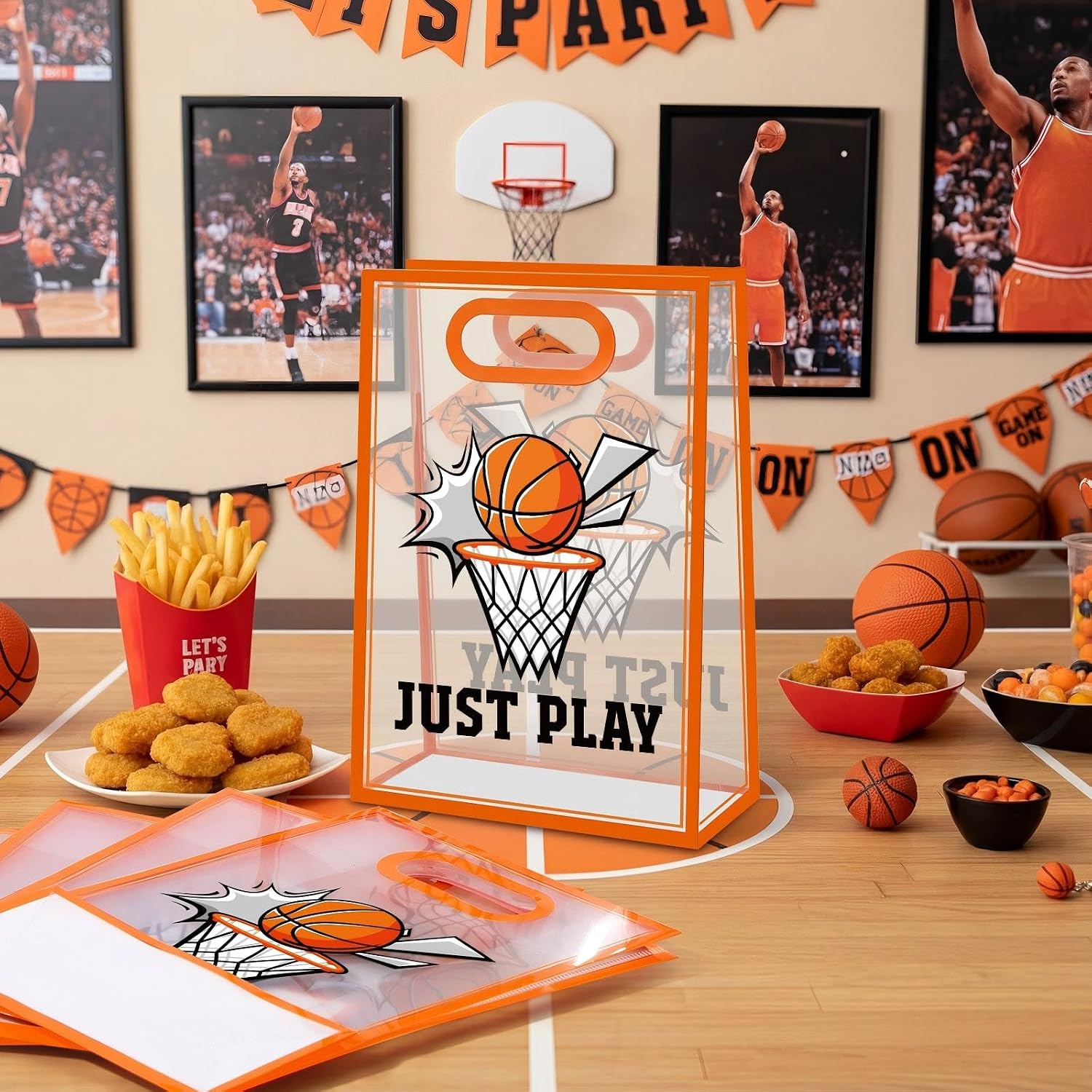 Aliceset 12 Pcs Basketball Clear Goodie Bag with Die Cut Handles and Ribbons Sport Theme Party Favor Bags for Basketball Team Snack Wrapping Teamer Gifts Birthday Party Treats Supplies, 7x10x3.15 Inch