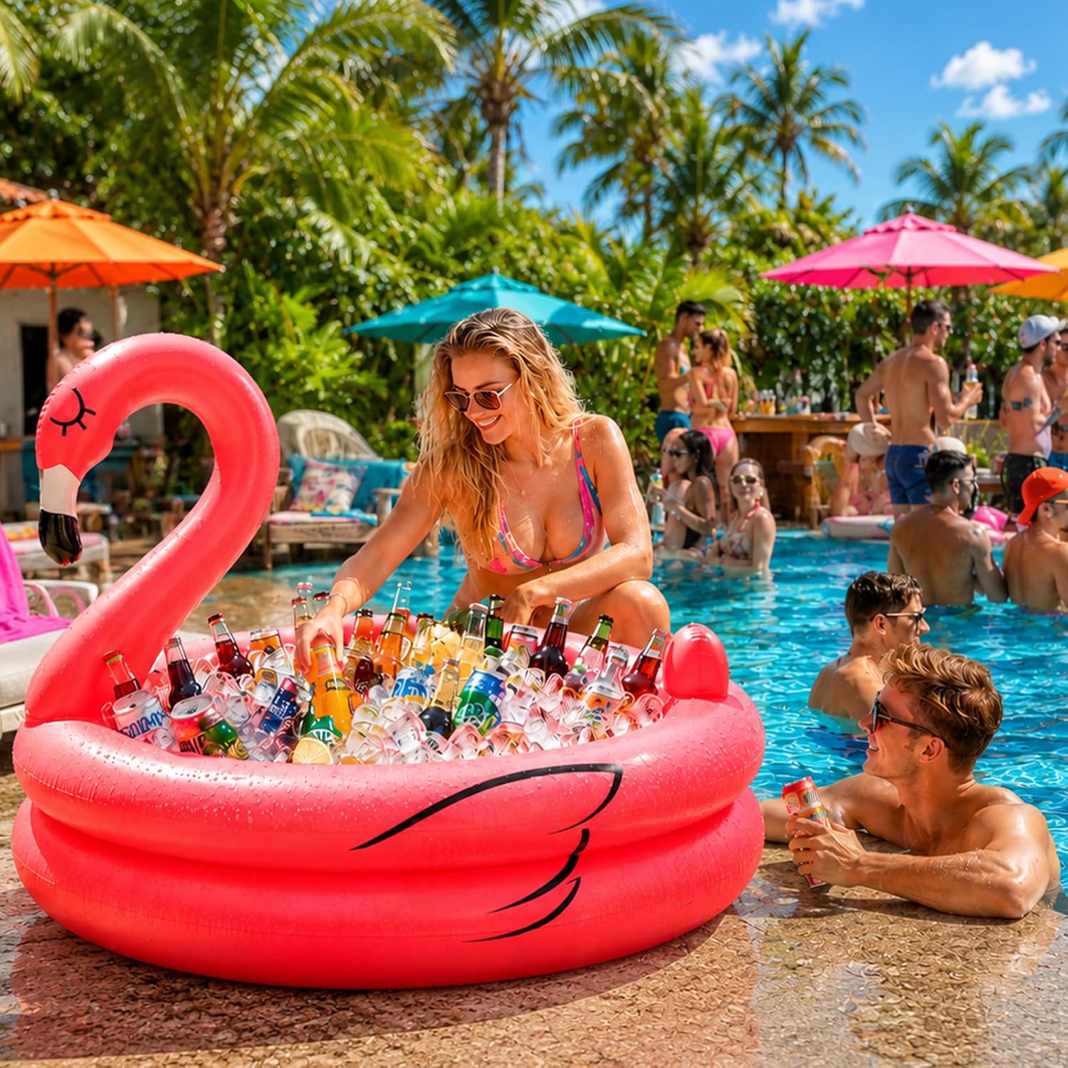Inflatable Flamingo Cooler 130+ Cans Large Capacity Pool Party Decorations | Bottom Quick-Drain, Luau Party Decor, Flamingo Beach Hawaiian Birthday Party Supplies, Tropical Themed Summer Drink Cooler
