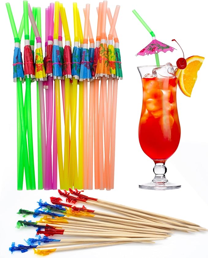 BLUE TOP Cocktail Picks&Umbrella Drink Straws Set-400pcs 4Inch Frill Picks+50pcs 9.5 Inch Drink Straw Umbrella,Cocktail Toothpicks & Straws for Fruit,Appetizers,Club Sandwiches,Drinks.