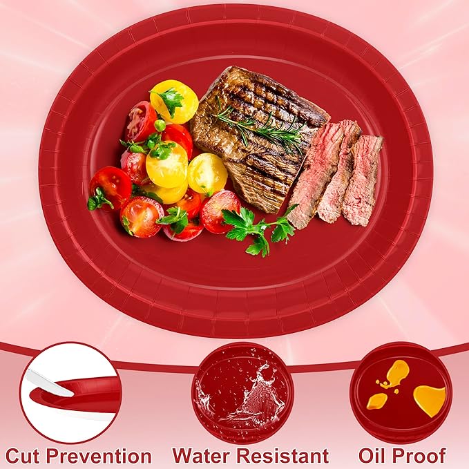 QZYL 50 Pcs Party Decorations, 12.2'' X 10.2'' Oval Large Paper Plates, Red Disposable Heavy Duty Paper Plates for Birthday Party, Wedding, Picnic, Barbecue, Holiday
