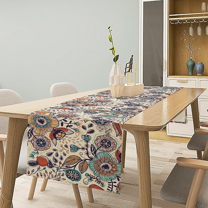 Boho Floral Table Runner,Vintage Flowers Tropical Plants Country Style Table Cloth Kitchen Dining Table Home Party Decoration 13x108 Inch
