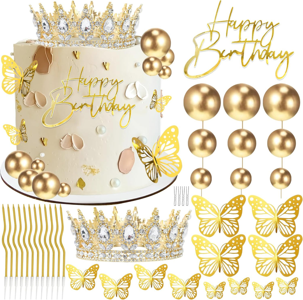 Crown Happy Birthday Cake Topper Candles Butterfly Balls Decoration | Corona Para Pastel, Cake Decorations for Women Princess Queen Wedding Pageant Graduation Prom Costume Party (Gold, White)