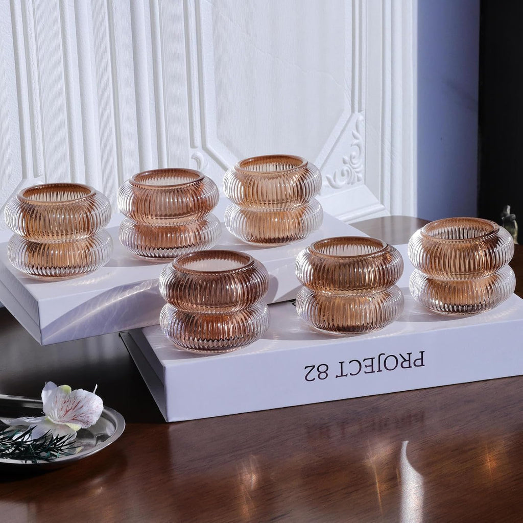 Woho Ribbed Votive Candle Holders Set of 6 for Wedding Table, Amber Tealight Candle Holder Glass for Home Decor, Vintage Tea Lights Candle Holder for Thanksgiving/Fall Decor(Brown, 2.1" H X 2.75" D)