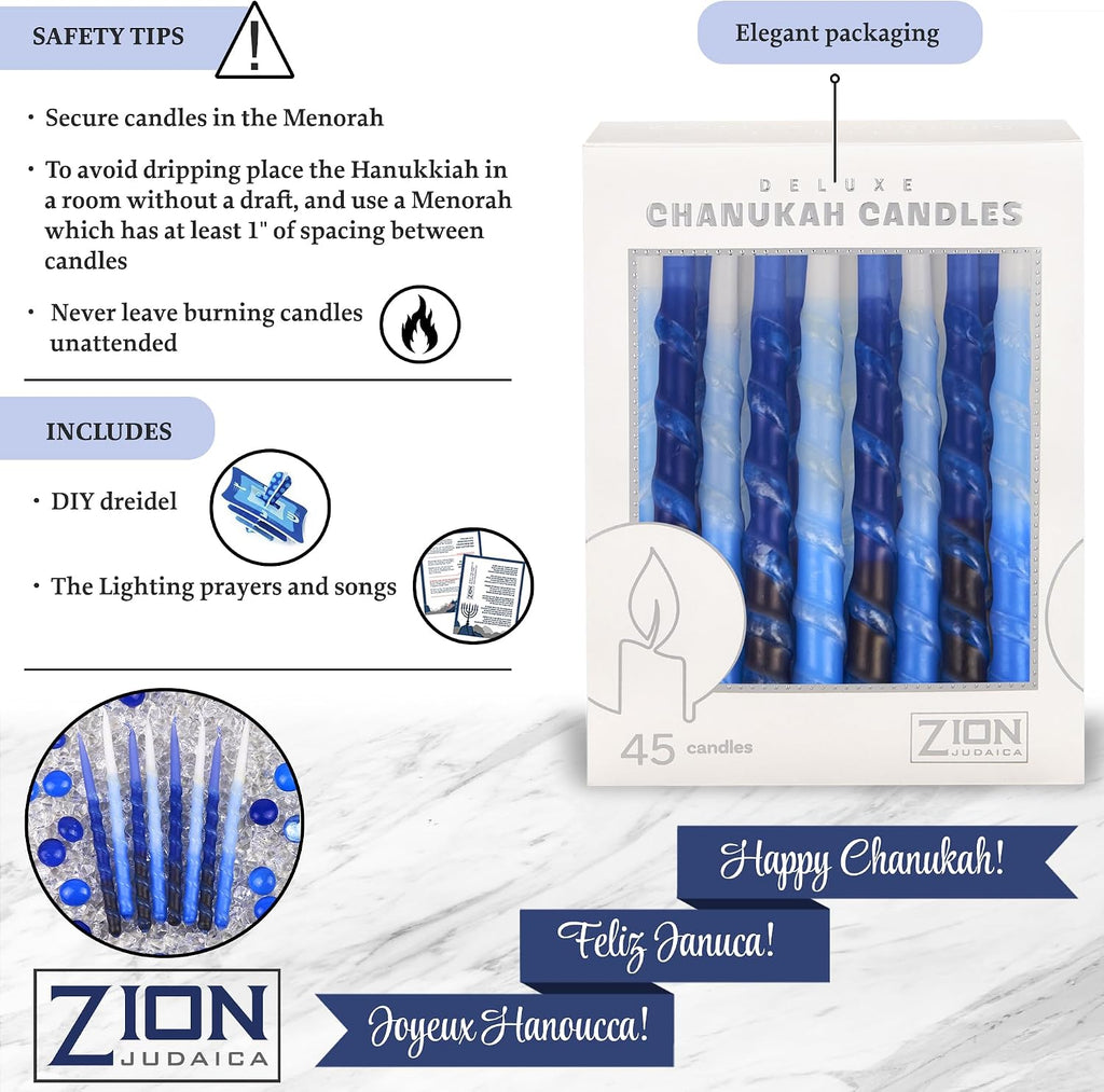 Zion Judaica Ltd Set of 45 Dripless Hanukkah Candles Spiral Candle Includes a DIY Dreidel, Prayer Card, Standard Size Menorah Candles for Eight Nights of Chanukah, Multi Tone Blue and White Ombre