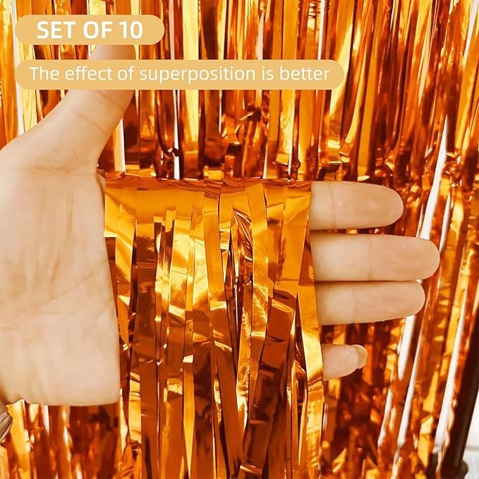 10 Pack Orange Backdrop Curtain 3.2ft x 8.2ft Metallic Tinsel Foil Fringe Curtains Photo Booth Background for Birthday Party Decoration Baby Shower Engagement Wedding Christmas Decoration (Orange)