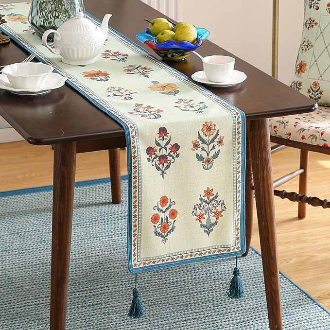 ISAENNE Designer Light Green Linen Table Runner 71 Inches Long,French Floral Patterns Elegant Table Runner for Dining Tables,Thanksgiving,Kitchen Tables,Christmas,12"*71"-Floralsea B