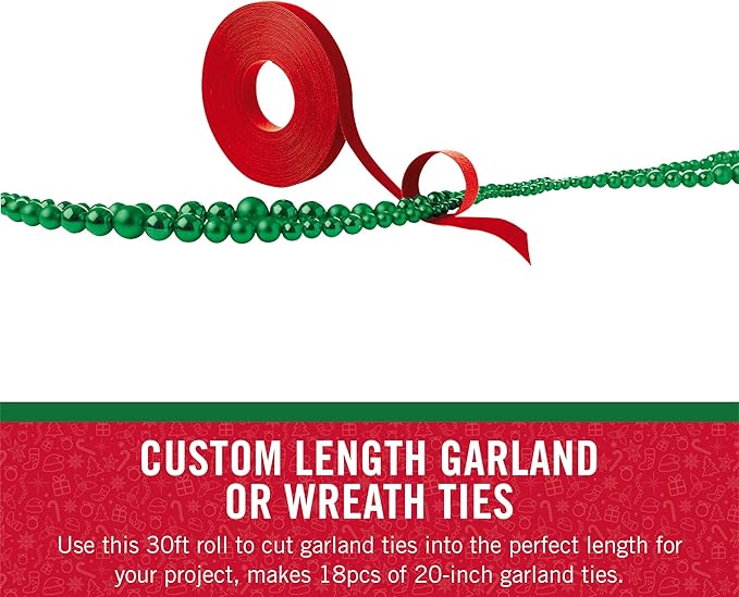 VELCRO Brand Holiday Garland Ties or Cable Straps | Hang Garlands, Lights or Wreath | for Banister, Railings, Stairs or Lamp Posts | 30ft Roll Cut to Custom Length | Red