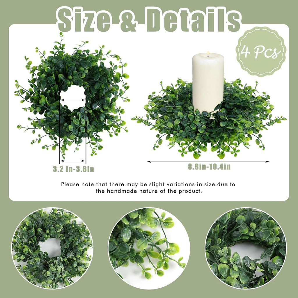 Mini Green Boxwood Candle Rings Wreaths Spring Summer Kitchen Cabinet Swags Wreath 3 Inch Wedding Rings Wreaths Pillar Candle Holder for Wedding Home Door Tabletop Decor (4, Green Boxwood)