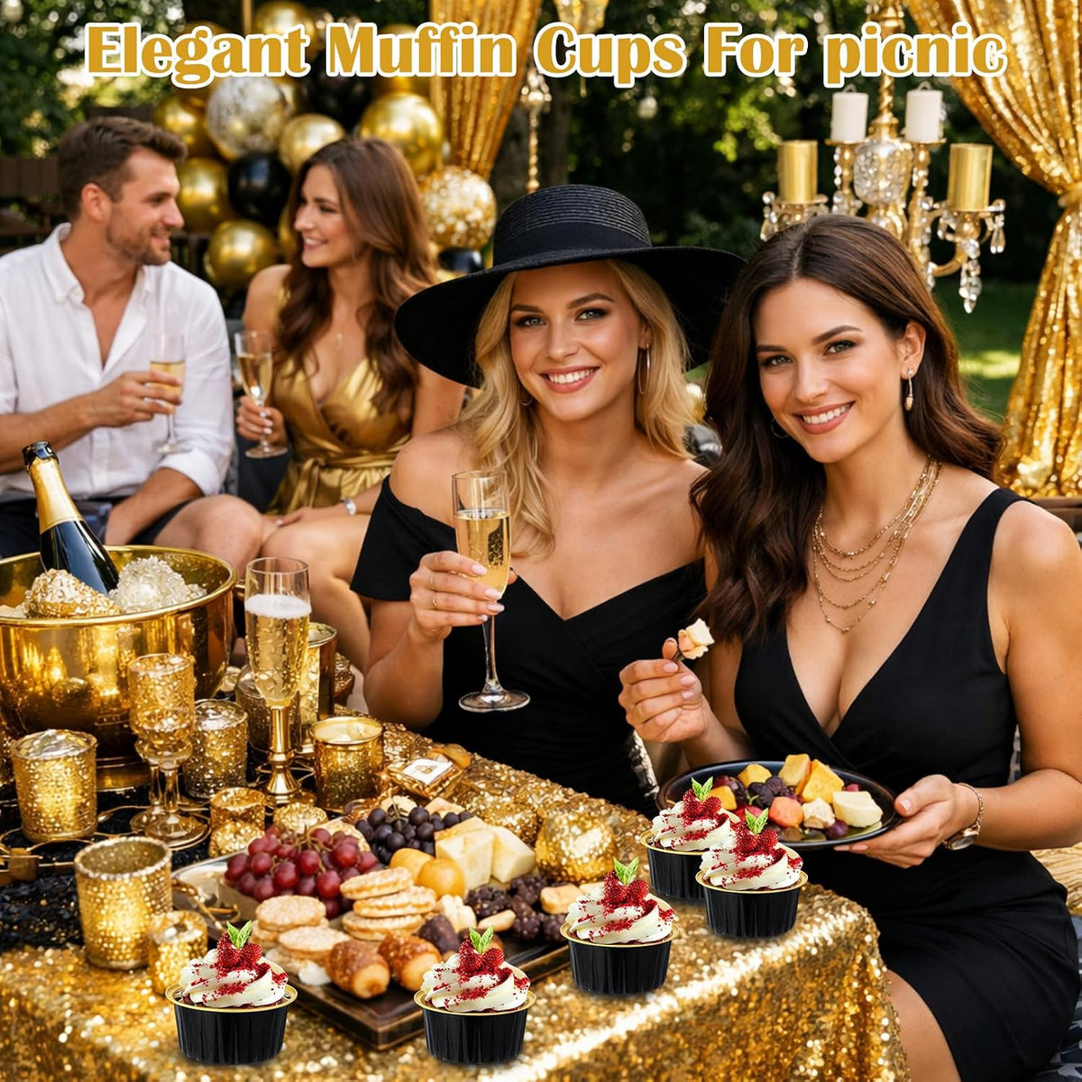 Gejoy 600 Pcs Aluminum Foil Baking Cups with Lids, Classic, Black and Gold