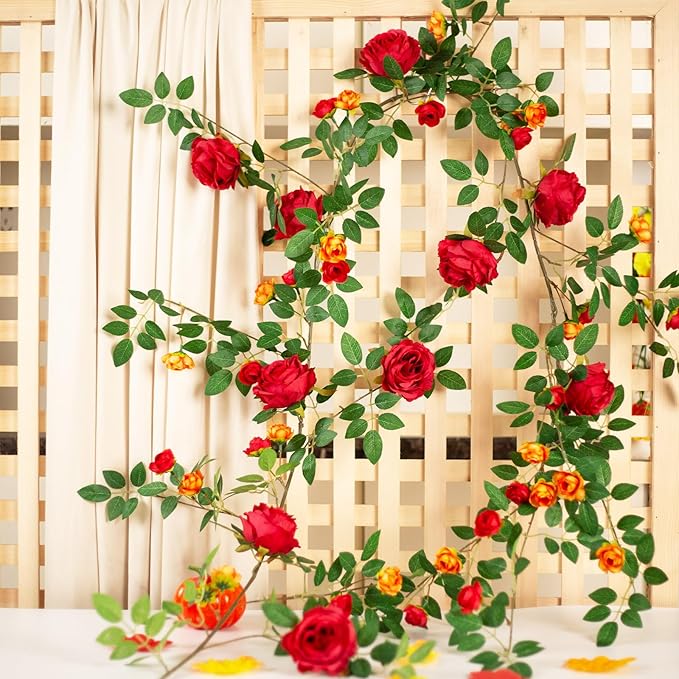 6FT Pink Flower Garland Artificial Rose Vines Hanging Floral Garland for Home Decor Wall Trellis Fence Wall Decoration (Red 2pcs)