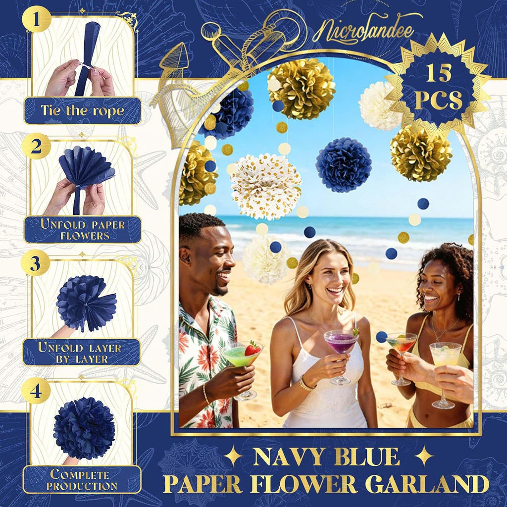 NICROLANDEE 15 PCS Navy Blue Gold Tissue Paper Pom Poms for Men Birthday, Baby Bridal Shower, Wedding, Bachelorette, Graduations, Navy Blue Engagement Party Backdrop Dot Paper Decorations
