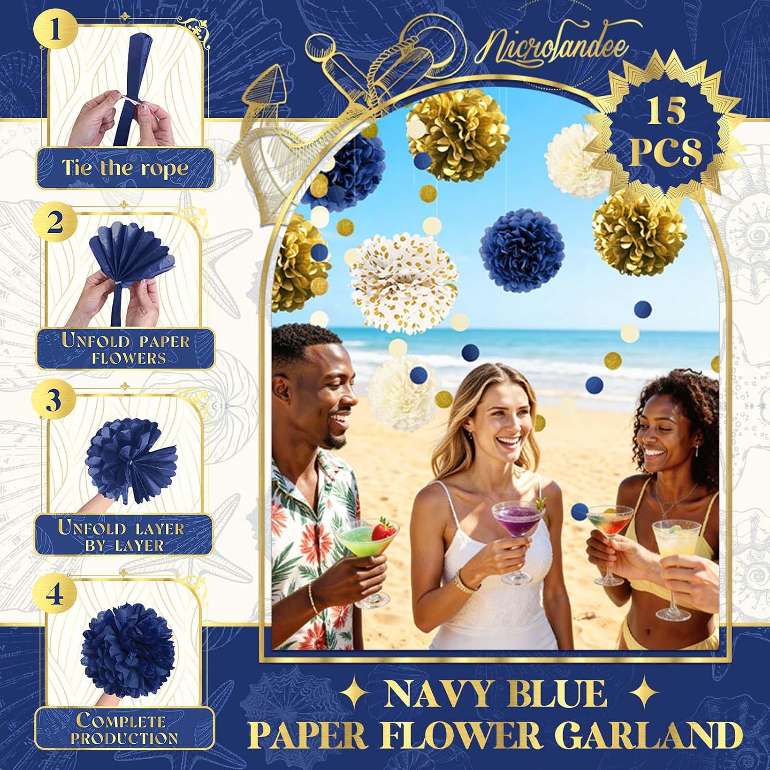 NICROLANDEE 15 PCS Navy Blue Gold Tissue Paper Pom Poms for Men Birthday, Baby Bridal Shower, Wedding, Bachelorette, Graduations, Navy Blue Engagement Party Backdrop Dot Paper Decorations
