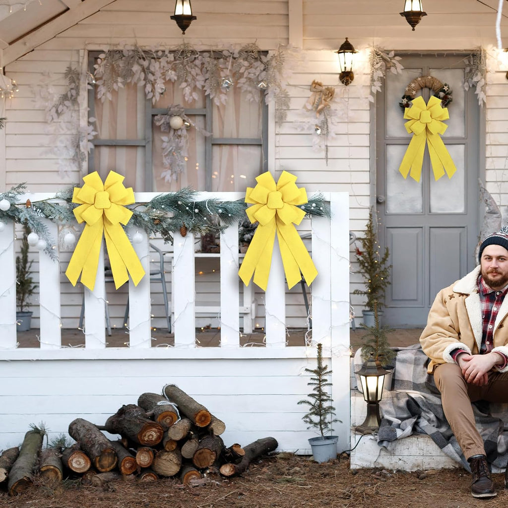 Large Yellow Wreath Bow for Front Door, Fall Thanksgiving Bows Christmas Farmhouse Bow for Wreath Tree Ornament Home Decorations