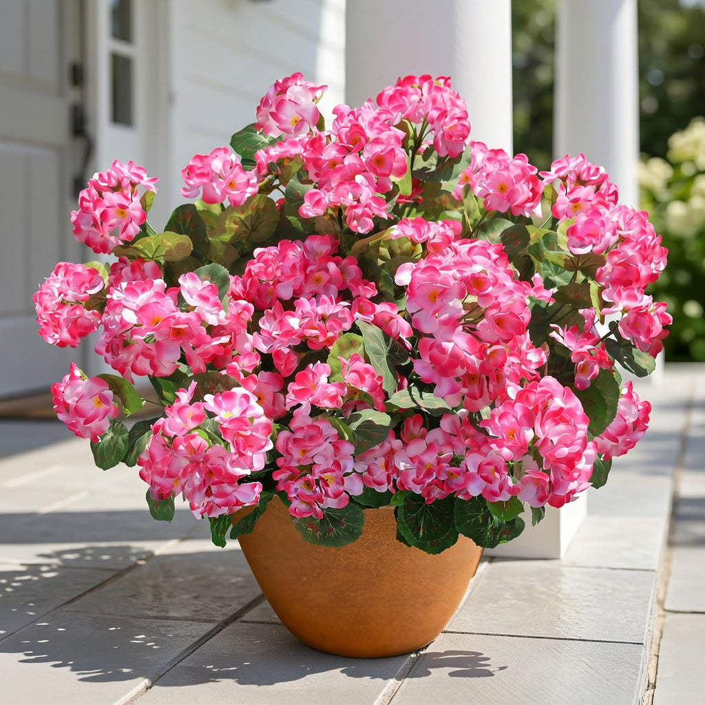 Artificial Geranium Fake Flowers for Outdoors Decoration, 6 Bundles Silk Geraniums Pink Flower UV Resistant Look Real Faux Plants for Outside Planter Front Door Garden Porch Patio Balcony Yard Home