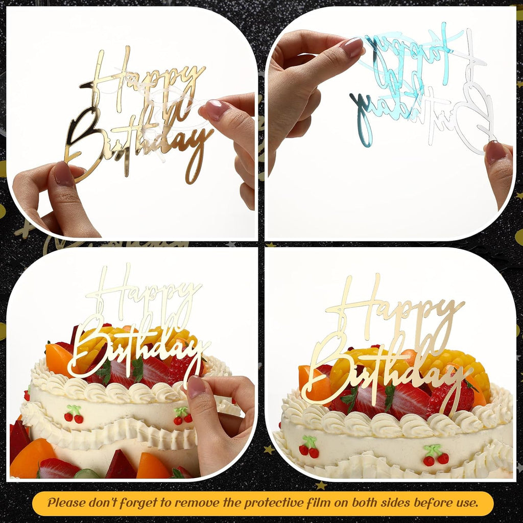 Barydat 24 Pieces Happy Birthday Cake Toppers Mirror Acrylic Cupcake Topper Happy Birthday Sign for Cake Side Cupcake Decorations, 3 Colors, 6 Styles