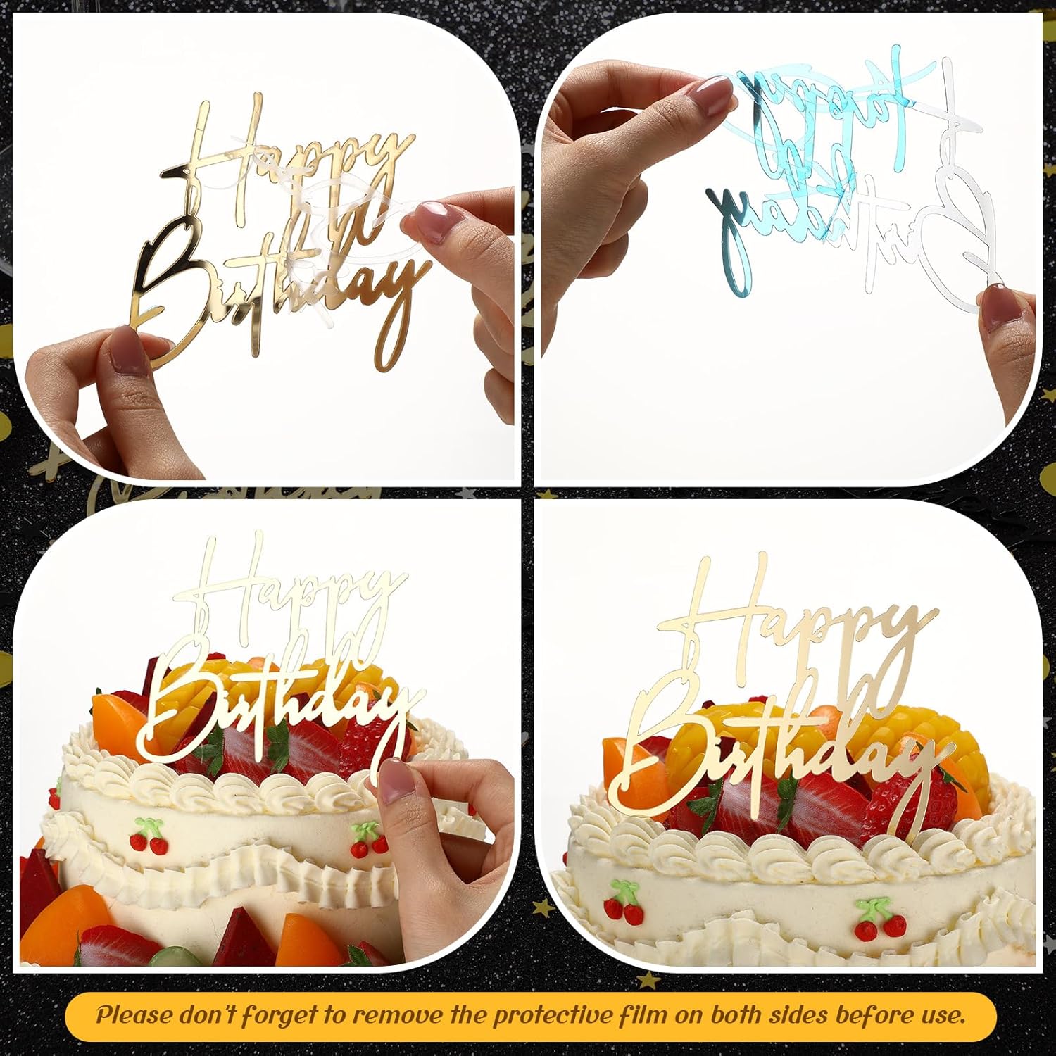 Barydat 24 Pieces Happy Birthday Cake Toppers Mirror Acrylic Cupcake Topper Happy Birthday Sign for Cake Side Cupcake Decorations, 3 Colors, 6 Styles