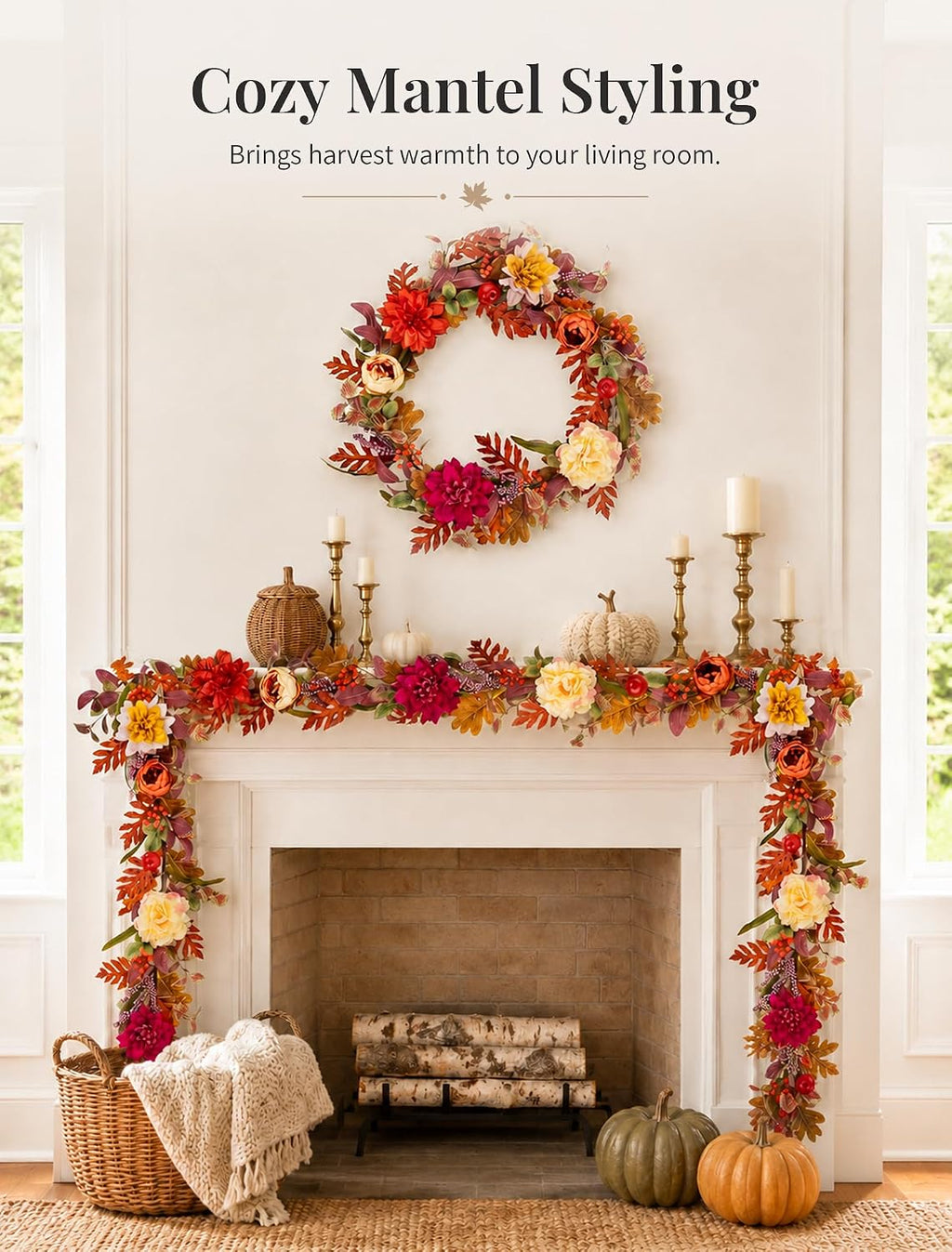 nuptio 6ft fall garland for mantle: fall decor, close-up detail