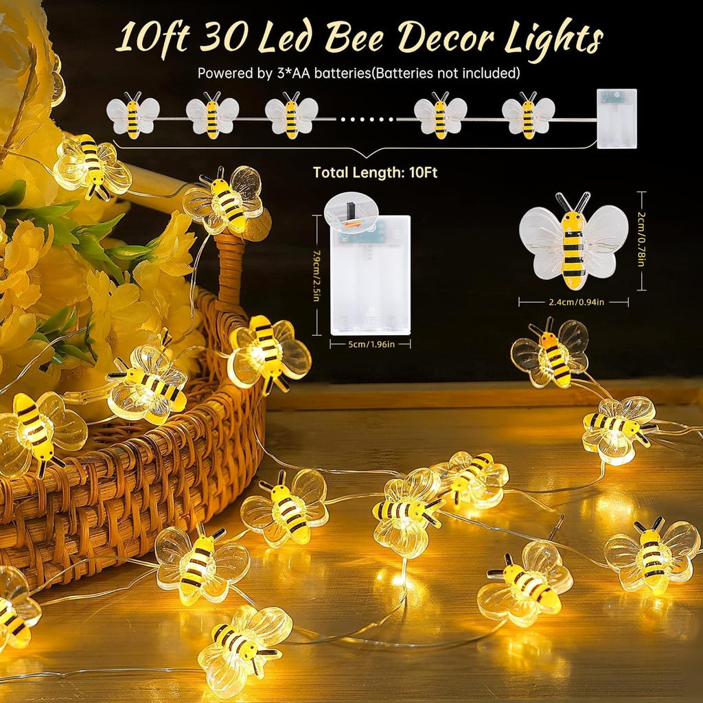 Bee Decor String Lights with Twinkling 10Ft 30Leds Battery Operated Spring Bee Bumble Cottage Core Decor Honey Gifts for DIY, Home, Classroom, Birthday, Party, Wedding, Christmas Tree