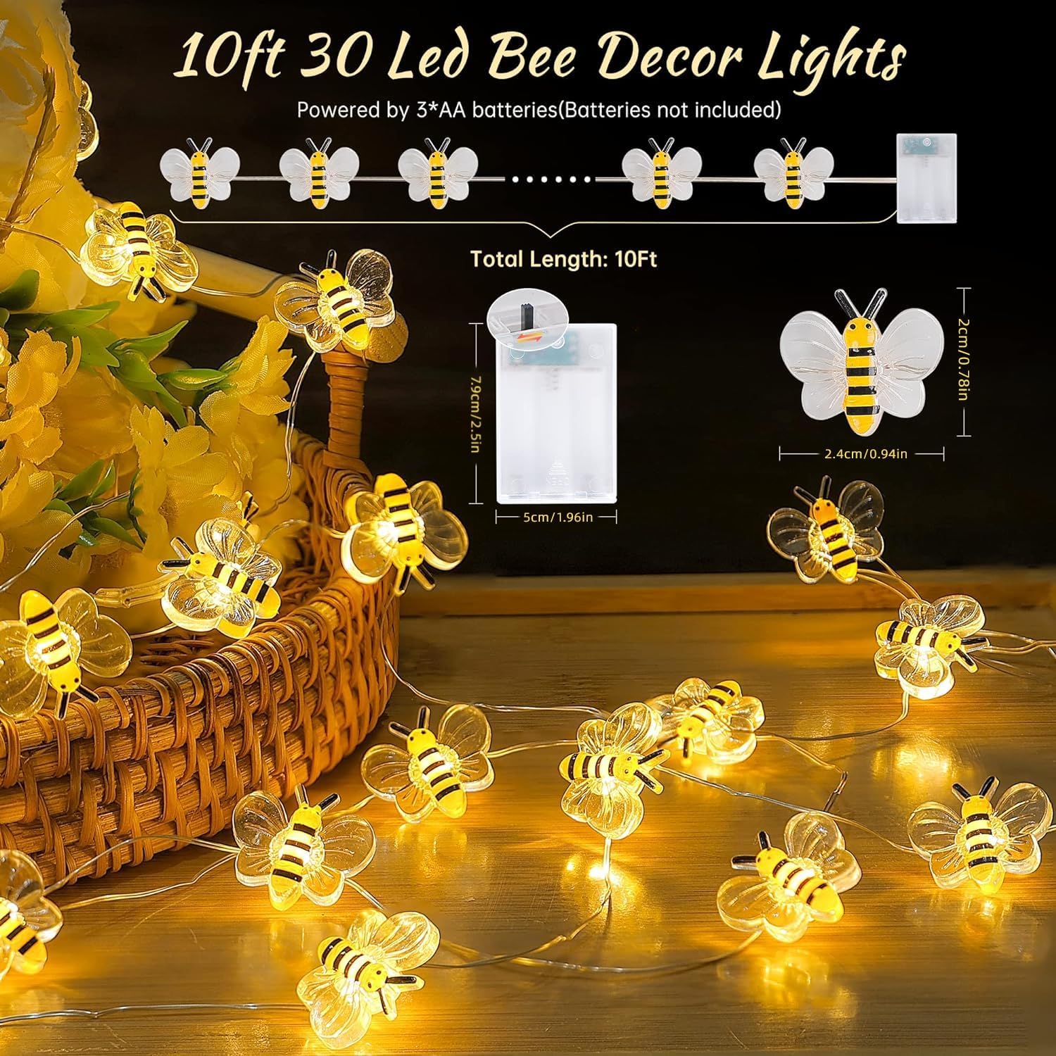 Bee Decor String Lights with Twinkling 10Ft 30Leds Battery Operated Spring Bee Bumble Cottage Core Decor Honey Gifts for DIY, Home, Classroom, Birthday, Party, Wedding, Christmas Tree