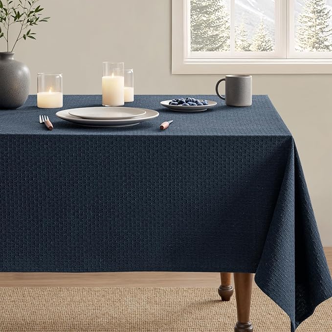 MIULEE Navy Linen Cottton Table Cloth Rectangle Tablecloth Waterproof Spillproof Cross-Star Textured Table Cltoth Decorative Farmhouse Style for Dining Party Weddings 60x120 Inch